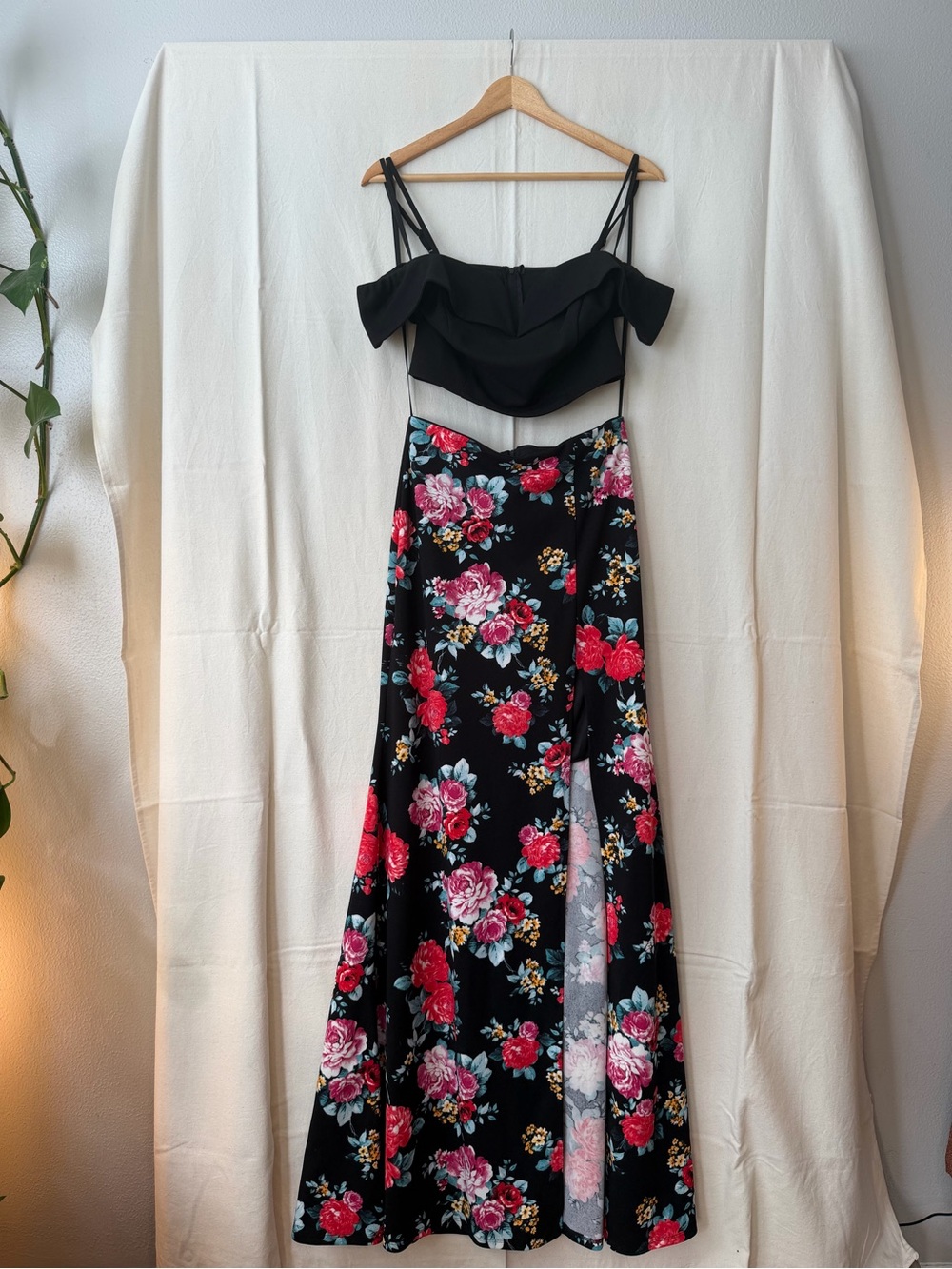 B Darlin Black Maxi Skirt with Red & Pink Floral Print & Black Top Set